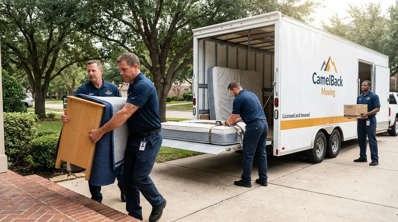 Crew loading residential truck for cross-state move from Marietta, OK
