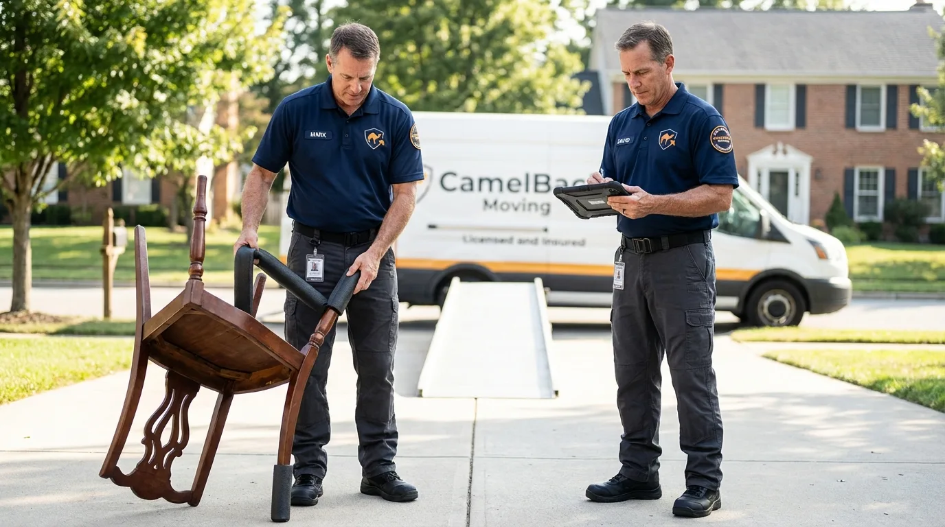 Movers inspecting furniture for damage prevention before loading in Marietta, OK