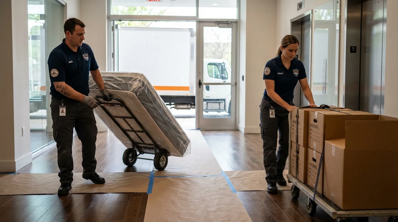 Professional apartment movers loading elevator in Marietta, OK