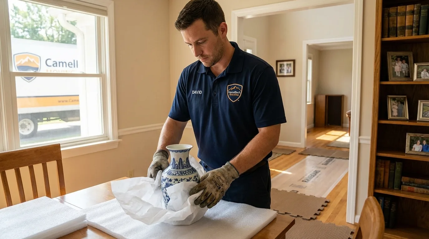 Professional crew carefully wrapping antique vase for senior downsizing move in Marietta, OK